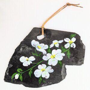 Large Hand-Painted Gray Slate Wall Hanging Art White Dogwood Flowers Rustic Boho